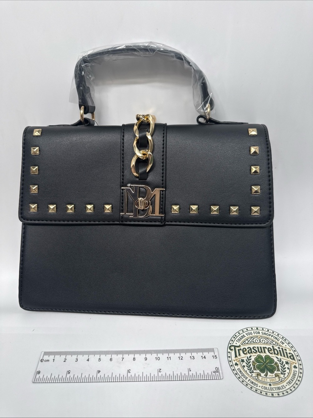 Badgley Mischka Black Studded Top-Handle Satchel with Gold Chain